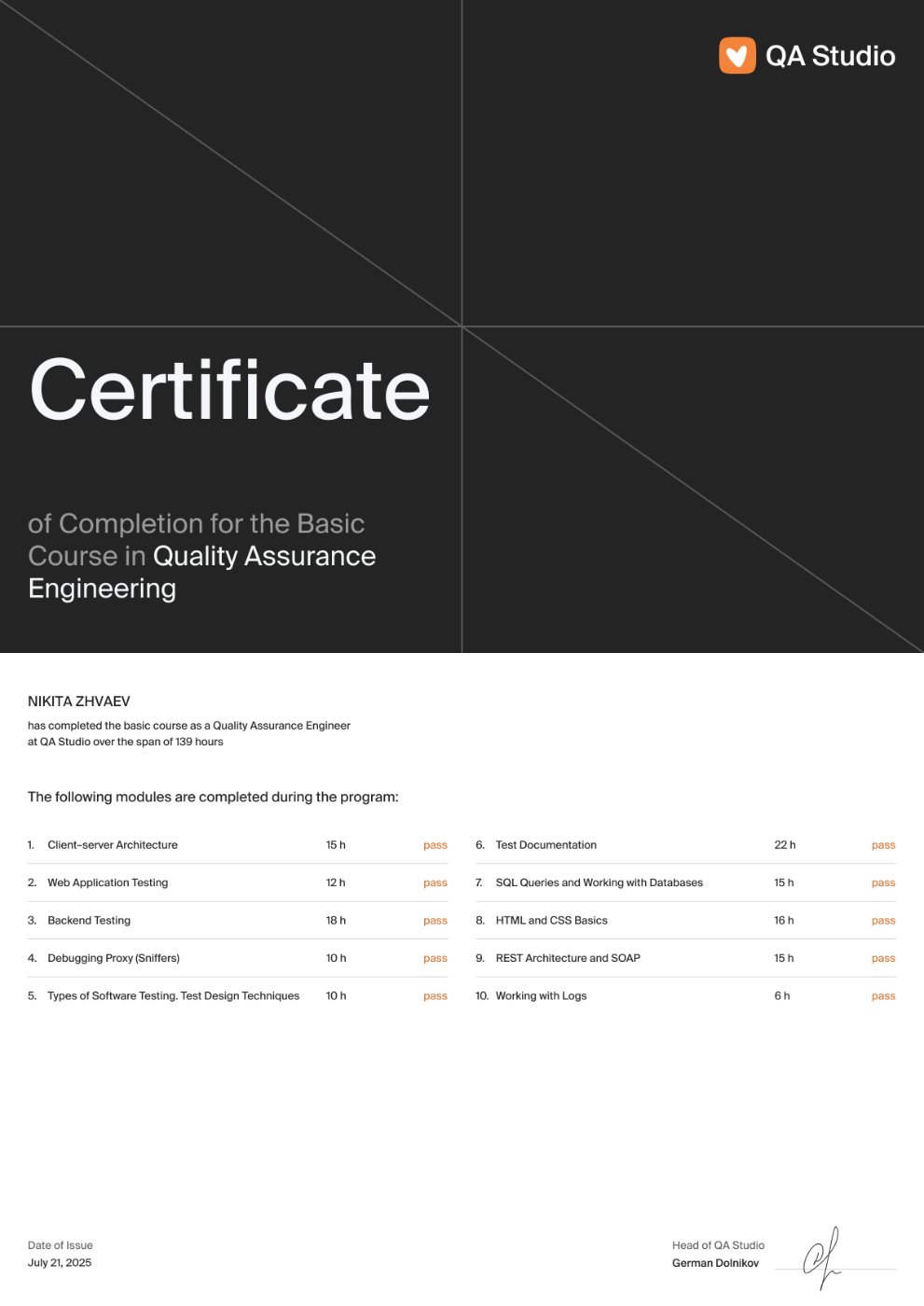 QA Studio certificate (EN)